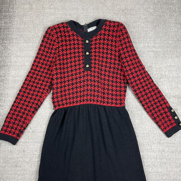 Vintage 1960s Pat Sandler Houndstooth Black Red Knit Midi Sweater Dress US 12 - Picture 2 of 16